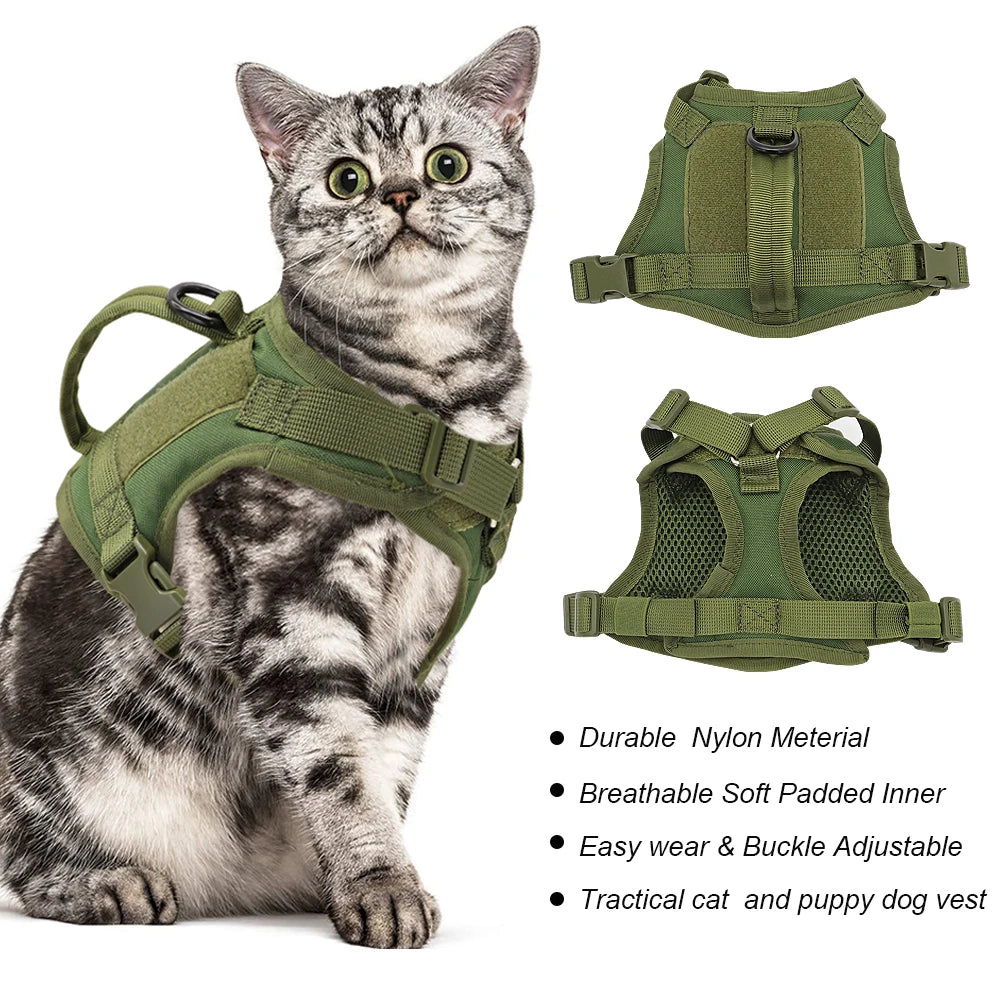 Military Tactical Cat Harness - Adjustable Nylon Vest with Handle for Cats, Small Dogs - Pet Training Walking - Happy Tail Center