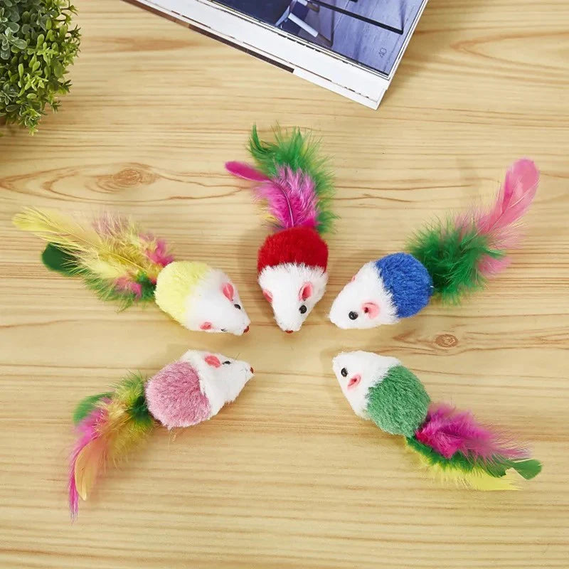 Cute Mini Fleece False Mouse Cat Toys with Colorful Feather for Playful Training