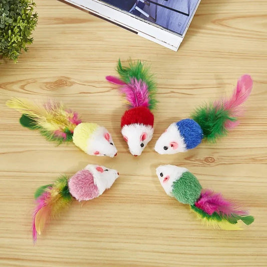 Cute Mini Fleece False Mouse Cat Toys with Colorful Feather for Playful Training