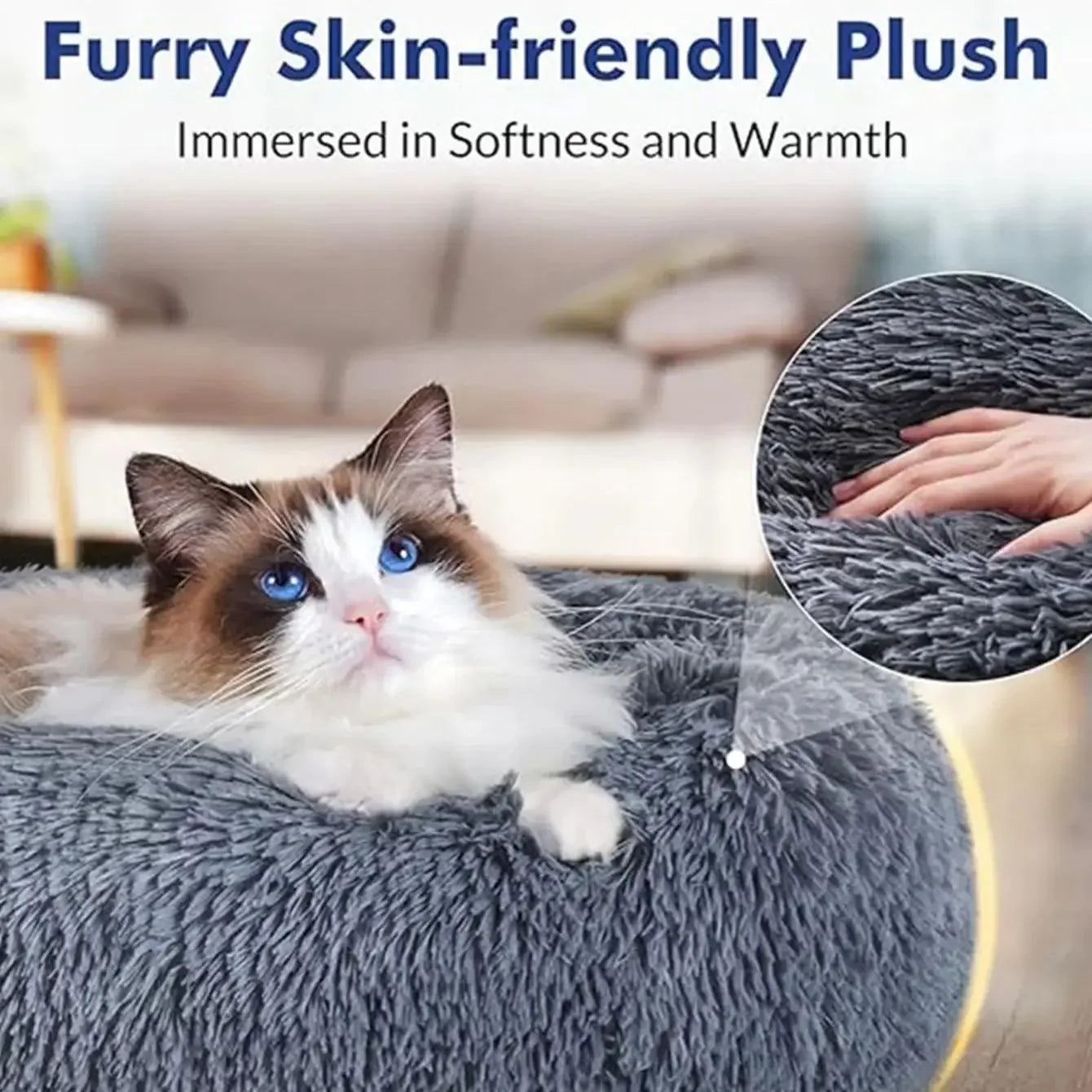 Super Soft Long Plush Round Pet Bed for Large Dogs - Cozy Cat Bed & Medium Dog House - Happy Tail Center