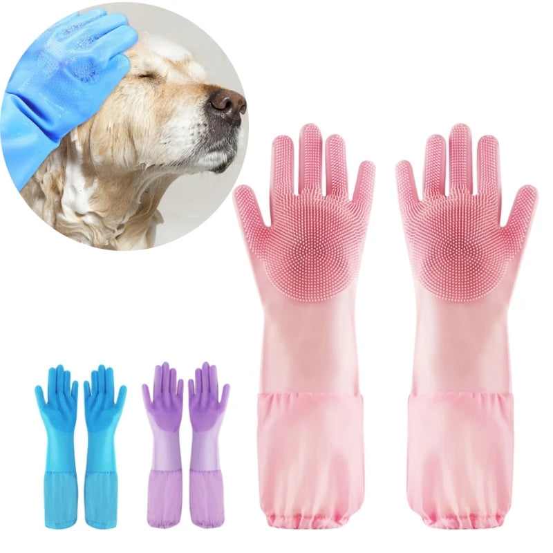 Pet Grooming Cleaning Gloves - Soft Silicone Bathing and Shampoo Scrubber - Hand Skin Protection for Dogs and Cats - Happy Tail Center