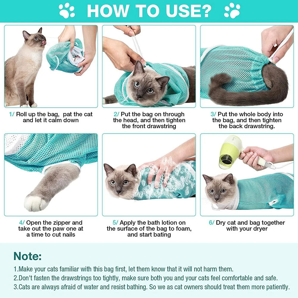 Adjustable Mesh Cat Grooming Shower Bag - Polyester Wash Bag for Bathing and Nail Trimming - Happy Tail Center