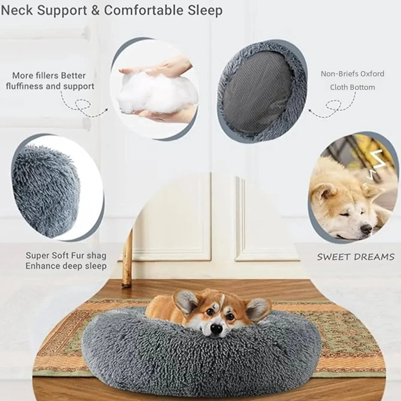 Super Soft Long Plush Round Pet Bed for Large Dogs - Cozy Cat Bed & Medium Dog House - Happy Tail Center