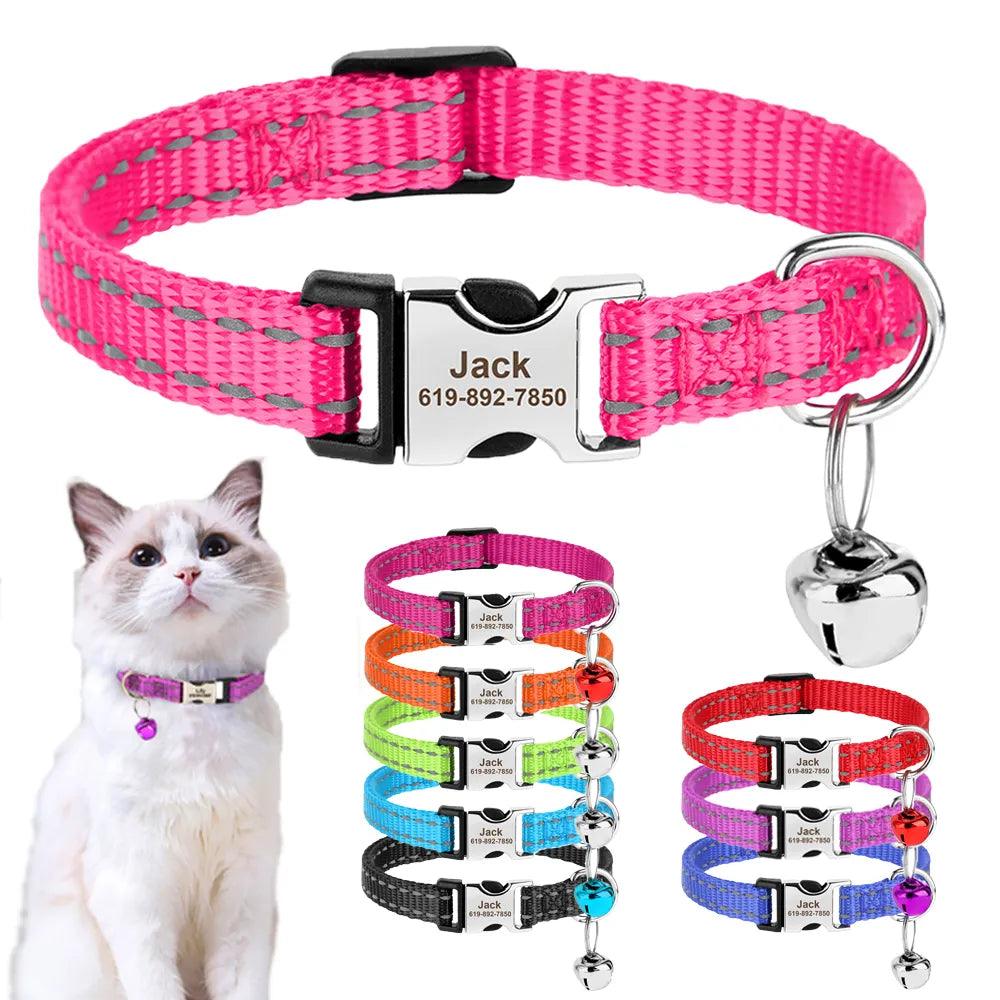 Reflective Personalized Cat Collar: Nylon ID Collar with Bell - Happy Tail Center