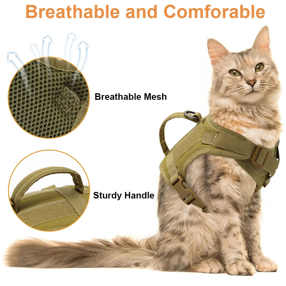 Military Tactical Cat Harness - Adjustable Nylon Vest with Handle for Cats, Small Dogs - Pet Training Walking - Happy Tail Center