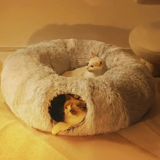 Plush Cat Bed with Tunnel - Multifunctional Cat Tunnel Bed with Peephole, Fluffy Donut Cat Bed - Happy Tail Center