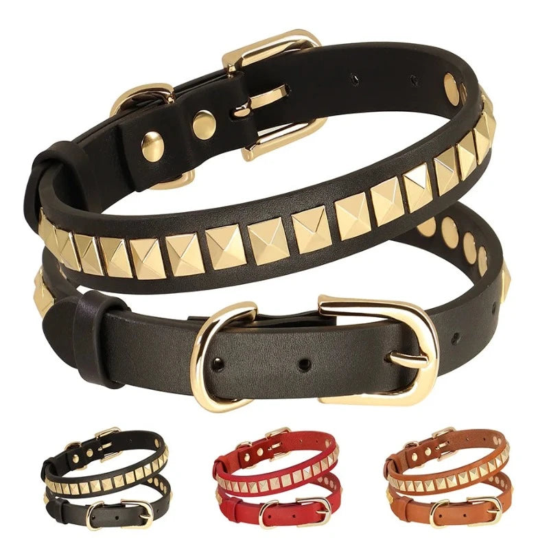 Padded PU Leather Dog Collar with Stud Rivets - Adjustable Red Collar for Small to Medium Dogs - Happy Tail Center