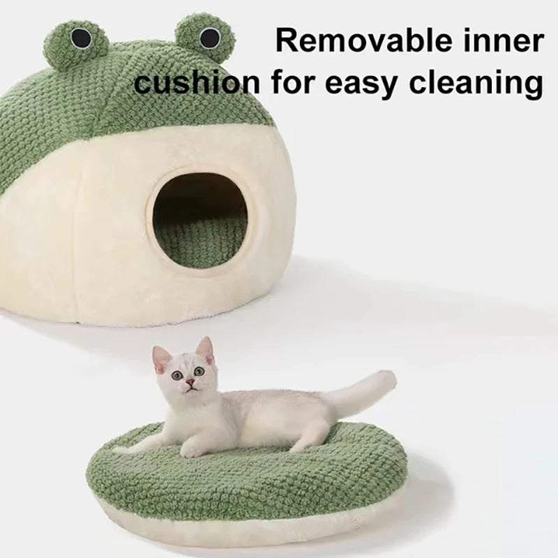 Cartoon Frog Pet Cat Bed | Plush Round Dog Bed for Winter Warmth & Deep Sleep