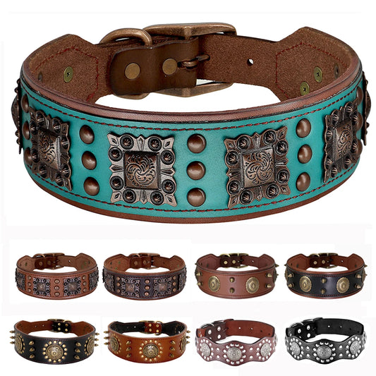 Luxury Genuine Leather Dog Collar - 2-Inch Wide with Cool Spikes - Durable Collar for Medium to Large Dogs - Happy Tail Center