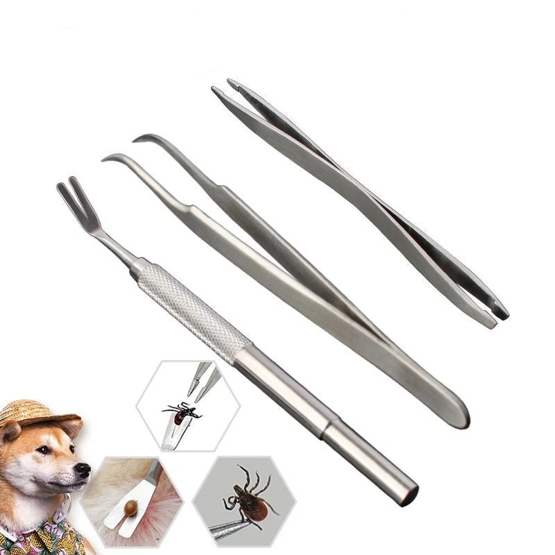 Stainless Steel Pet Flea & Tick Remover Set | Hooks, Tweezers & Clips for Grooming