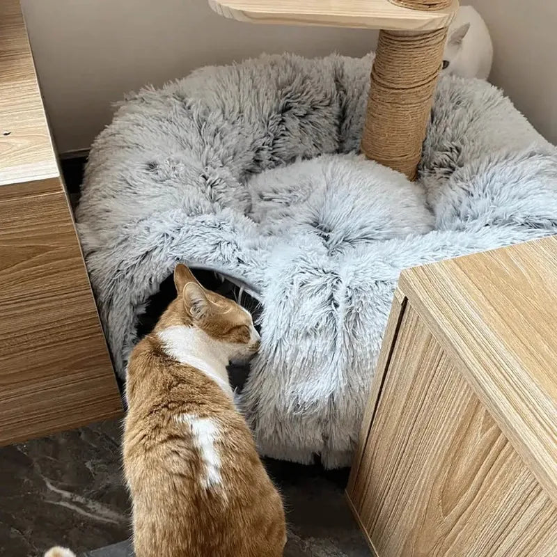 Plush Cat Bed with Tunnel - Multifunctional Cat Tunnel Bed with Peephole, Fluffy Donut Cat Bed - Happy Tail Center