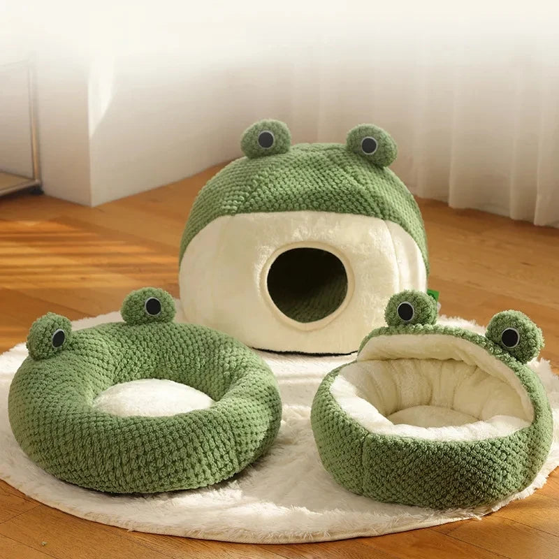 Cartoon Frog Pet Cat Bed | Plush Round Dog Bed for Winter Warmth & Deep Sleep