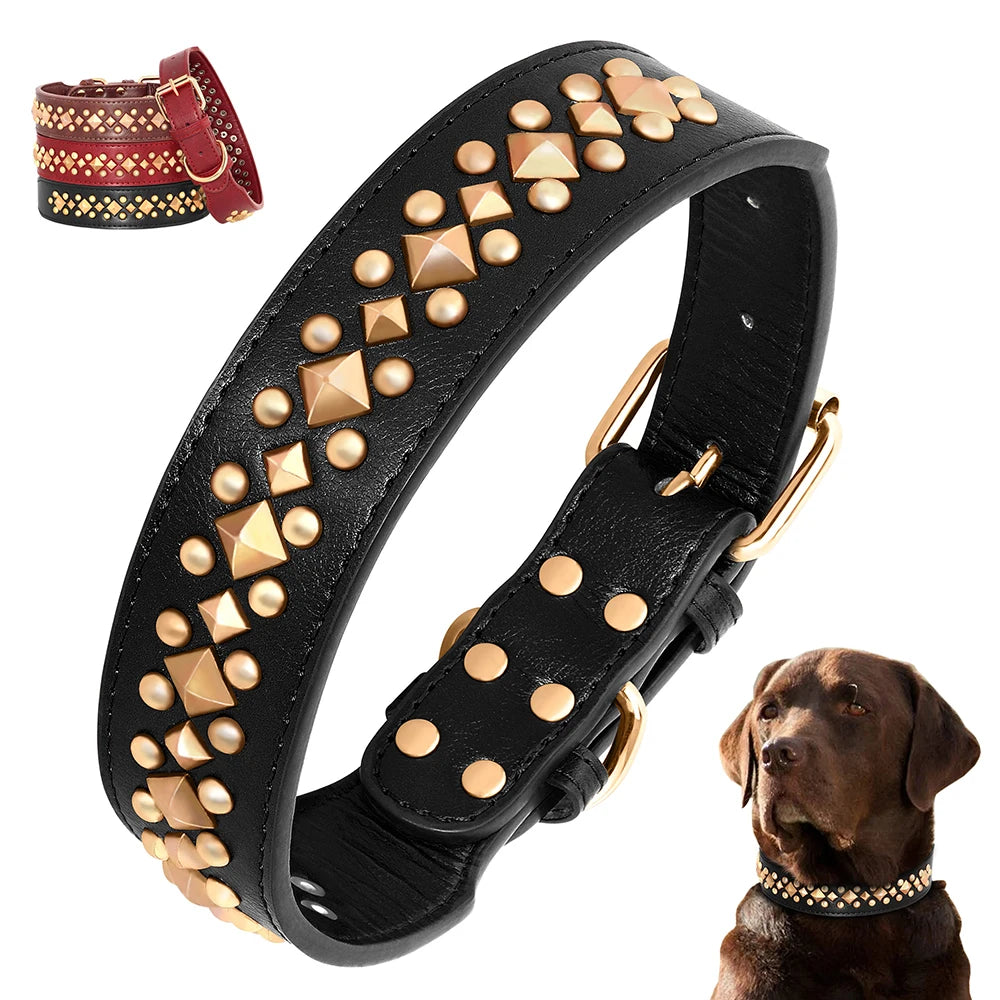 Cool Spiked Studded Leather Dog Collar - Adjustable for Pitbulls, Bulldogs, Boxers, Labs, and More - Happy Tail Center