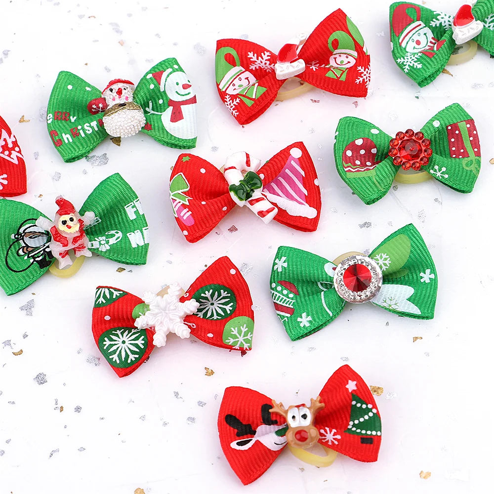 10 Pcs Christmas Pet Bows – Festive Flower and Bowknot Hair Accessories for Dogs and Cats - Happy Tail Center