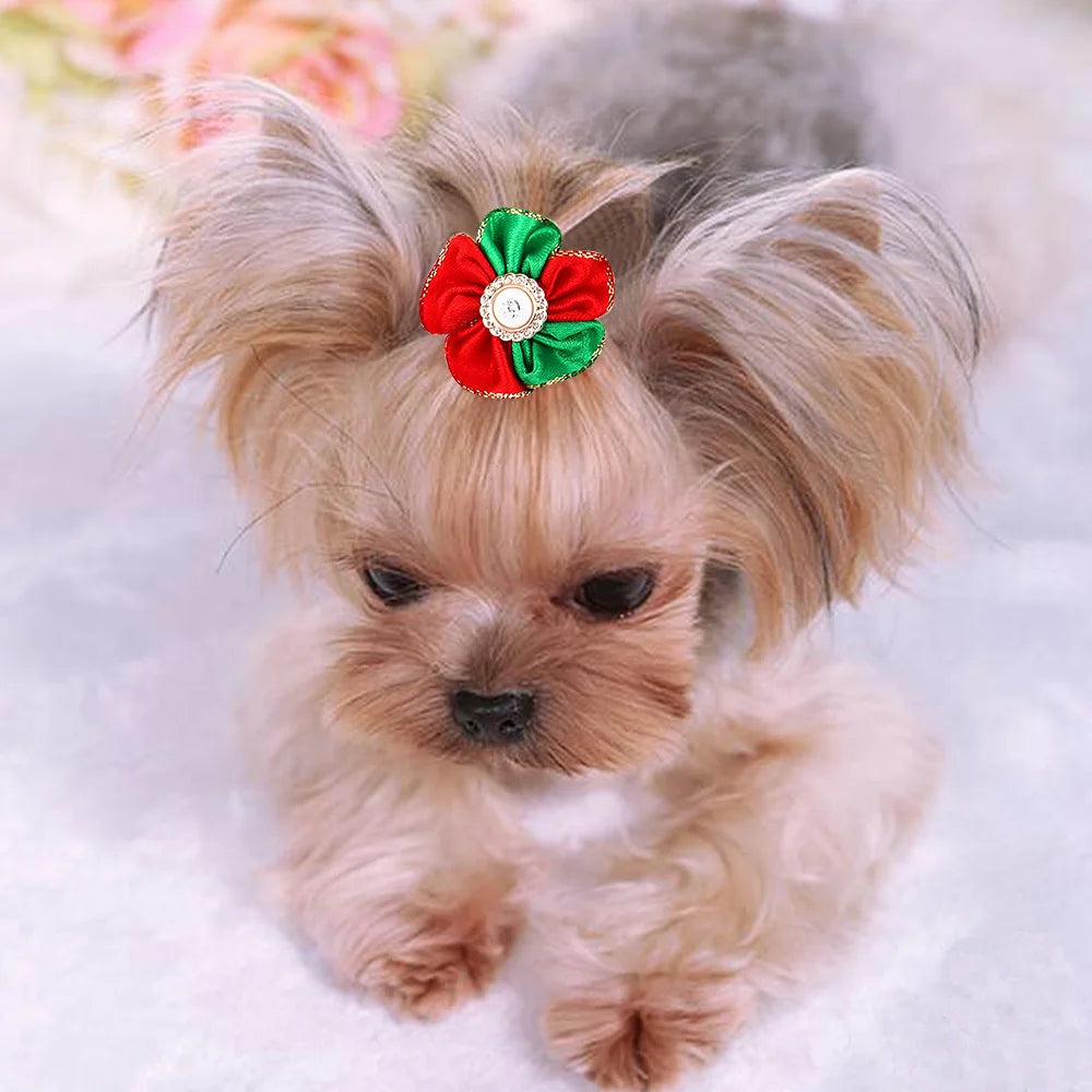 10 Pcs Christmas Pet Bows – Festive Flower and Bowknot Hair Accessories for Dogs and Cats - Happy Tail Center