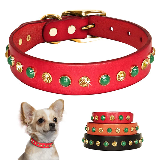 Adjustable Rhinestone Leather Pet Collar - Bling Collar for Small to Medium Dogs and Cats