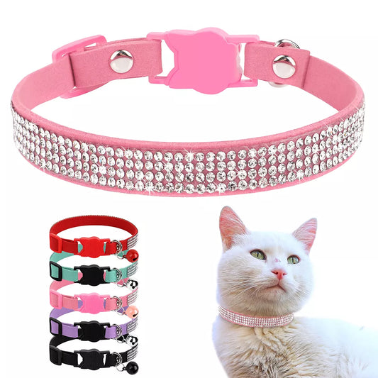 Soft Suede Leather Cat Collar - Bling Rhinestone with Bell, Breakaway