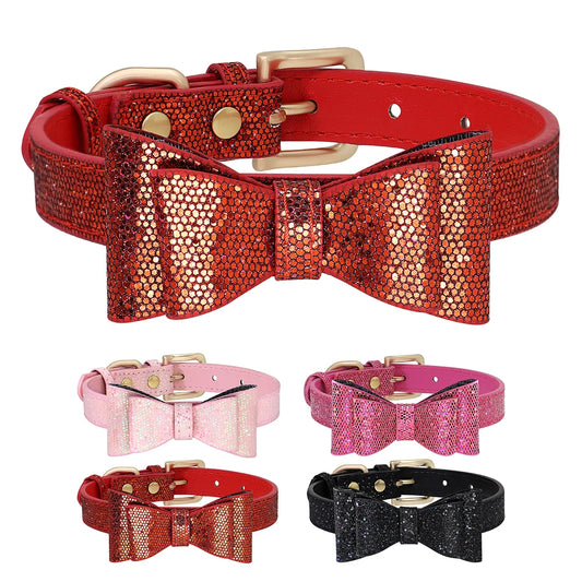 Adjustable Leather Bow Knot Dog Collar - Stylish Necklace for Small Dogs and Cats