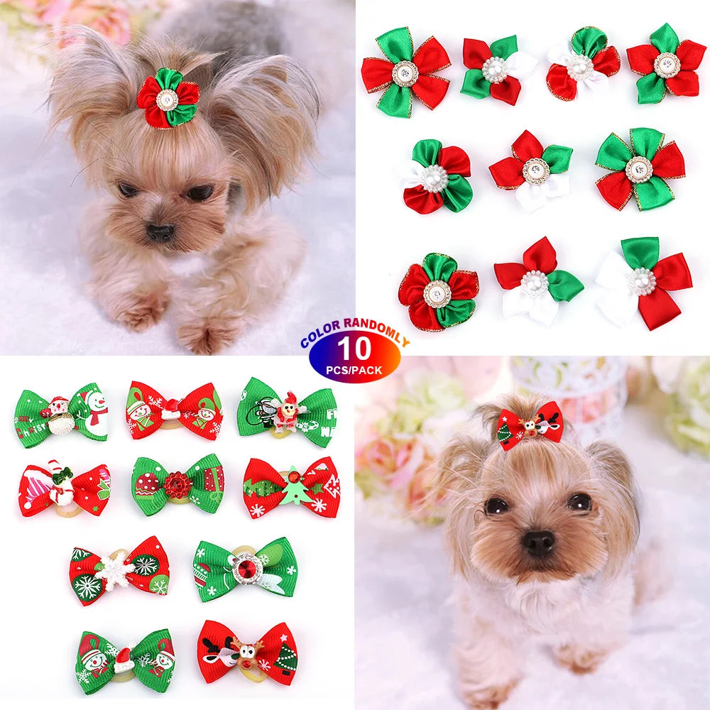 10 Pcs Christmas Pet Bows – Festive Flower and Bowknot Hair Accessories for Dogs and Cats - Happy Tail Center