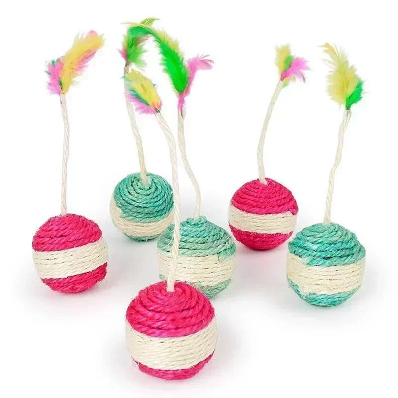 Interactive Sisal Scratching Ball Cat Toy with Feathers