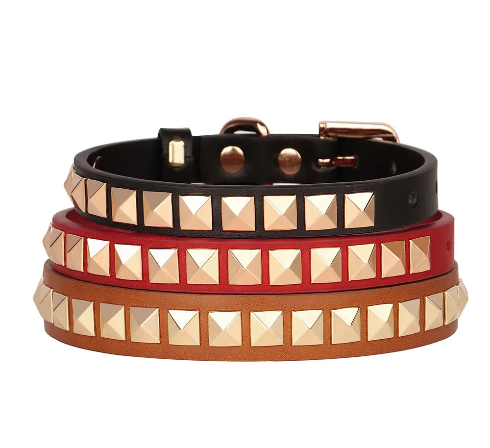 Padded PU Leather Dog Collar with Stud Rivets - Adjustable Red Collar for Small to Medium Dogs - Happy Tail Center