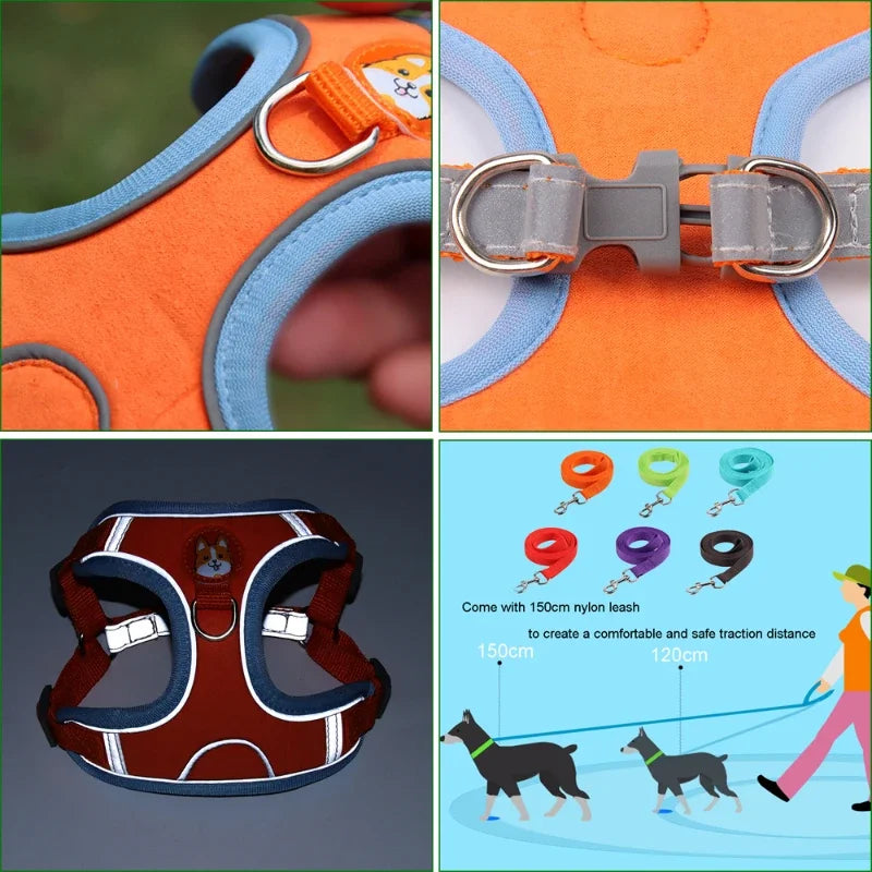 Adjustable Harness Leash Set for Small & Medium Dogs | Reflective Vest for Pet Walking