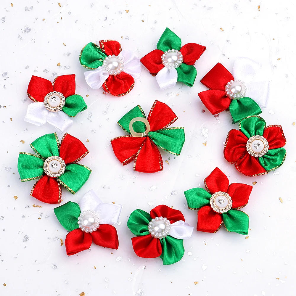 10 Pcs Christmas Pet Bows – Festive Flower and Bowknot Hair Accessories for Dogs and Cats - Happy Tail Center